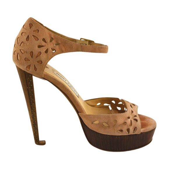 Jimmy Choo Laser Cut Blush Pink Suede Peeptoe Lucite & Wood Platform Heels Sz 7 - Picture 4 of 10